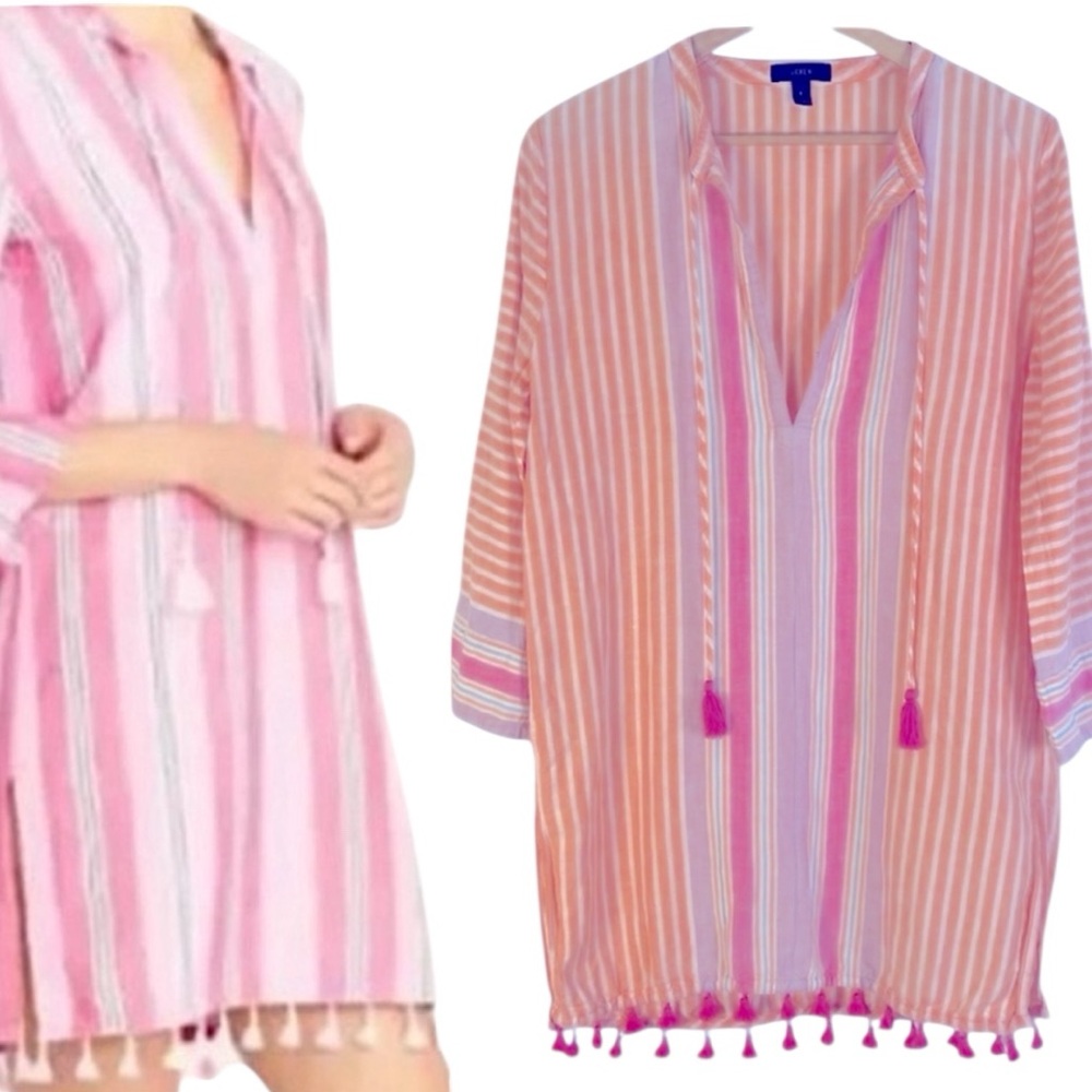 J.Crew Linen Blend Striped Tassel Bathing Suit Cover-Up Dress Beach Sand Sun